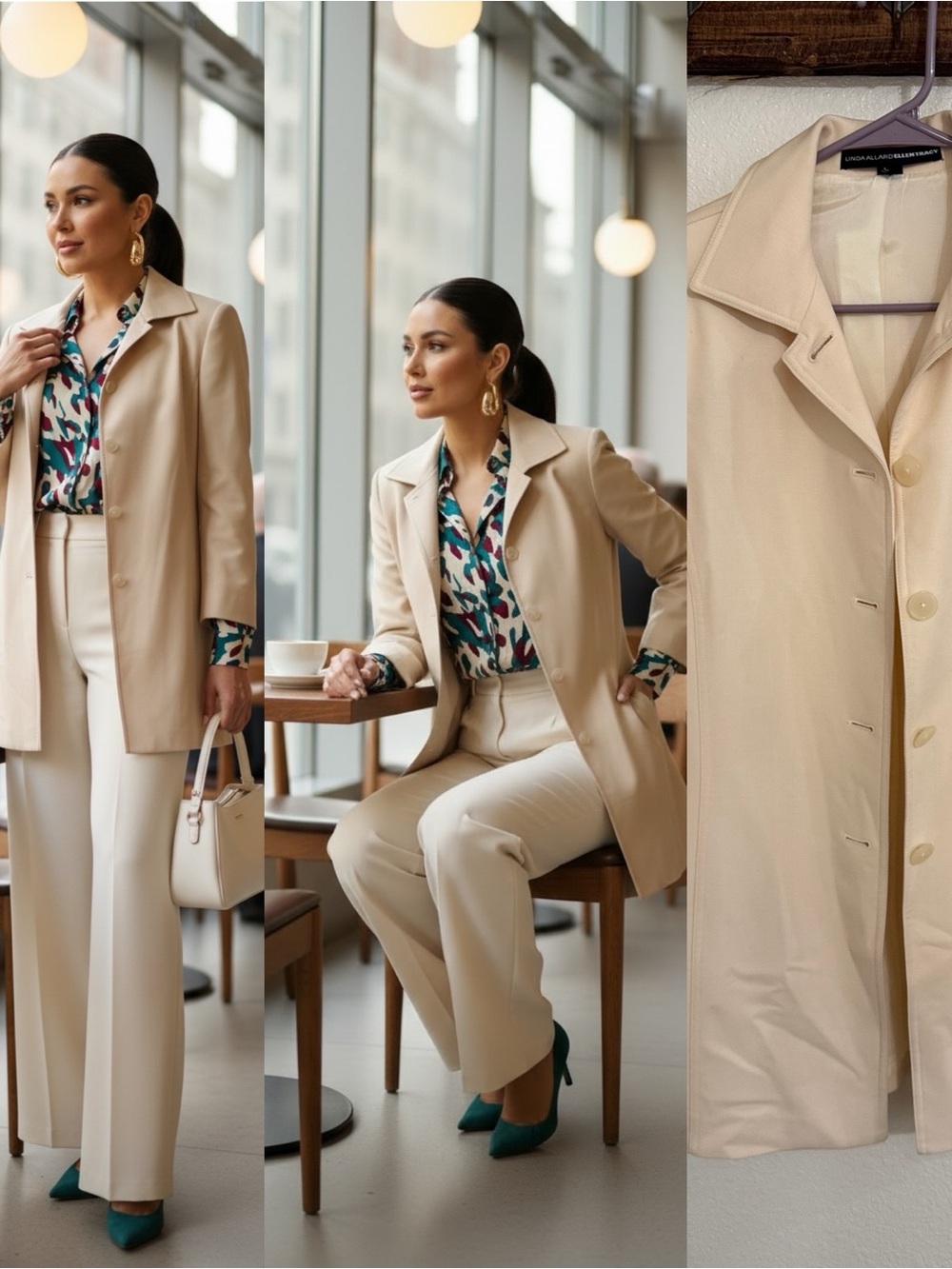 Linda Allard Ellen Tracy Cream Wool Blend Longline Jacket w/Gold Hoop Earrings8
